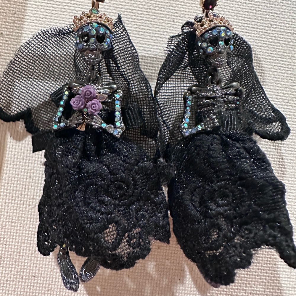 Unique Skeleton Earrings with Black Lace and Purple Accents